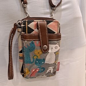 UNIONBAY Multicolor Cat Print Crossbody Wristlet Clutch Bag with Brown Trim
